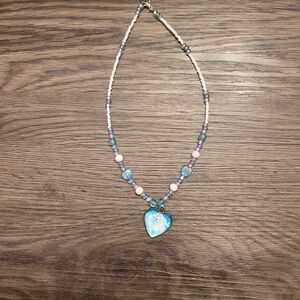 Frozen Blue Heart Pendant Beaded Necklace